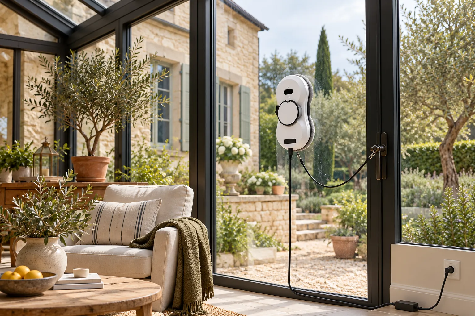 VITREA Clear, robot blanc à deux patins, posé sur la paroi vitrée encadrée d’une véranda ouverte sur un jardin et une maison en pierre, cordon branché à une prise basse